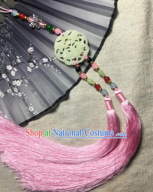 Traditional Chinese Hanfu Jade Carving Bat Waist Accessories Palace Pink Tassel Pendant Ancient Swordsman Brooch