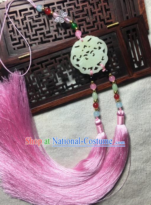 Traditional Chinese Hanfu Jade Carving Bat Waist Accessories Palace Pink Tassel Pendant Ancient Swordsman Brooch