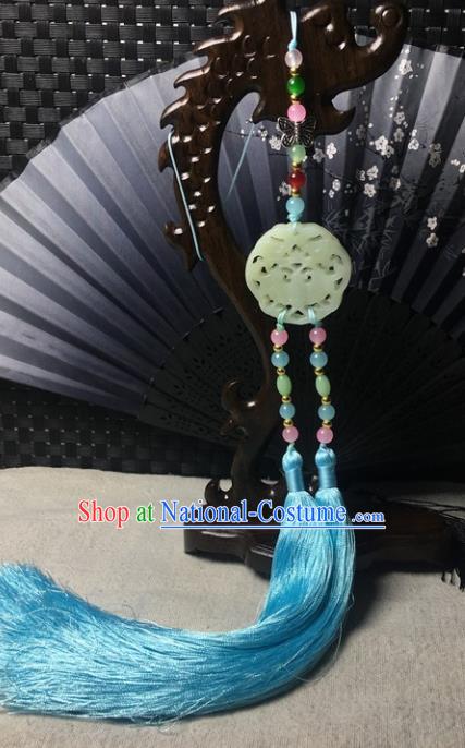 Traditional Chinese Hanfu Jade Carving Bat Waist Accessories Palace Blue Tassel Pendant Ancient Swordsman Brooch