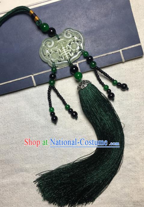 Traditional Chinese Hanfu Jade Carving Plum Lock Waist Accessories Palace Green Tassel Pendant Ancient Swordsman Brooch