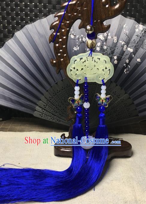 Traditional Chinese Hanfu Jade Carving Plum Lock Waist Accessories Palace Blue Tassel Pendant Ancient Swordsman Brooch