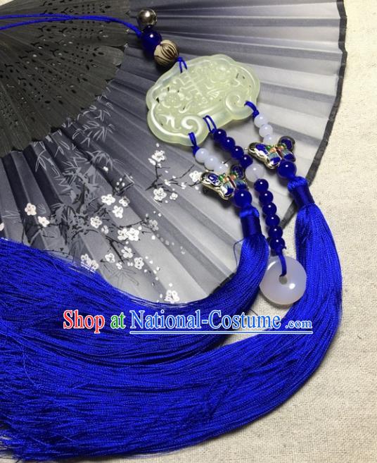 Traditional Chinese Hanfu Jade Carving Plum Lock Waist Accessories Palace Blue Tassel Pendant Ancient Swordsman Brooch