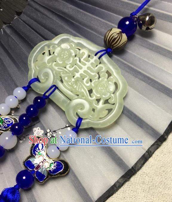 Traditional Chinese Hanfu Jade Carving Plum Lock Waist Accessories Palace Blue Tassel Pendant Ancient Swordsman Brooch