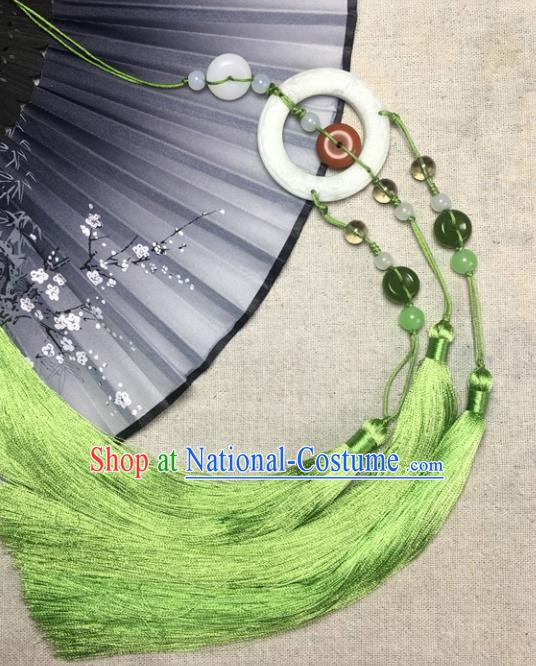 Traditional Chinese Hanfu Jade Carving Buddhist Mantra Waist Accessories Palace Green Tassel Pendant Ancient Swordsman Brooch