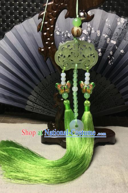 Traditional Chinese Hanfu Jade Carving Plum Lock Waist Accessories Palace Green Tassel Pendant Ancient Swordsman Brooch