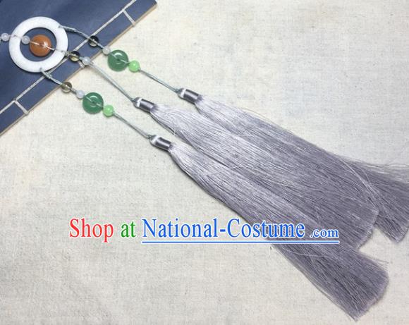 Traditional Chinese Hanfu Jade Carving Buddhist Mantra Waist Accessories Palace Grey Tassel Pendant Ancient Swordsman Brooch