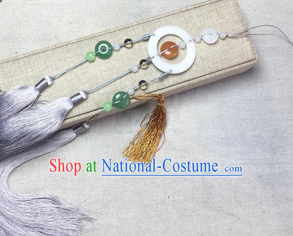 Traditional Chinese Hanfu Jade Carving Buddhist Mantra Waist Accessories Palace Grey Tassel Pendant Ancient Swordsman Brooch