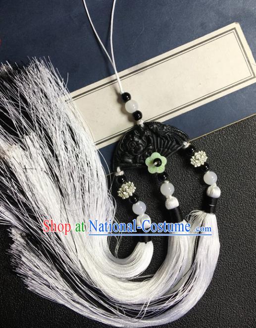 Traditional Chinese Hanfu Black Jade Carving Fan Waist Accessories Palace Tassel Pendant Ancient Swordsman Brooch