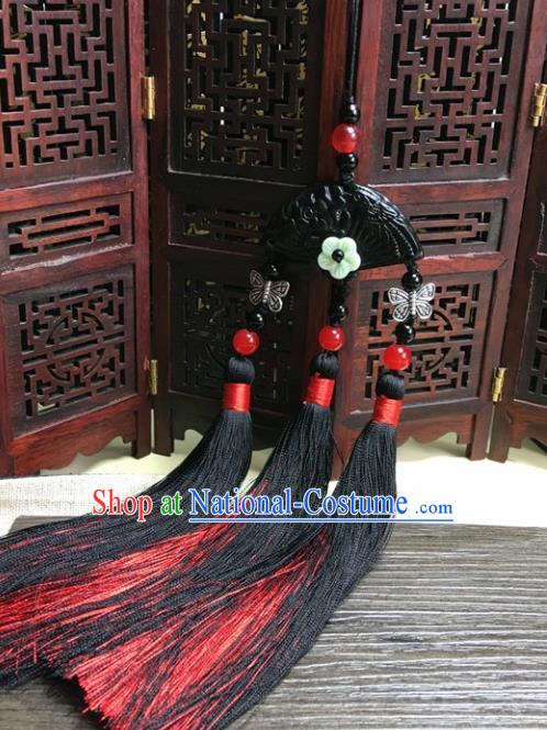 Traditional Chinese Hanfu Black Jade Carving Fan Waist Accessories Palace Red Tassel Pendant Ancient Swordsman Brooch