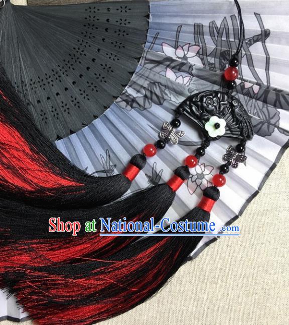 Traditional Chinese Hanfu Black Jade Carving Fan Waist Accessories Palace Red Tassel Pendant Ancient Swordsman Brooch