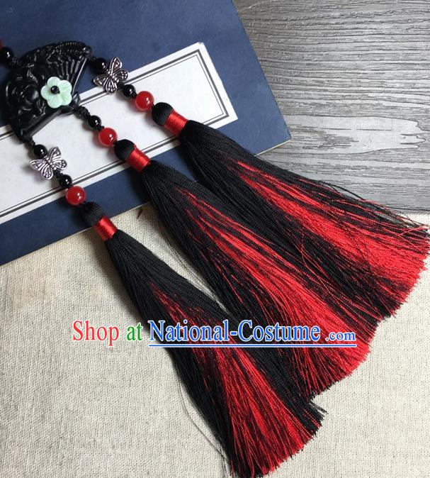 Traditional Chinese Hanfu Black Jade Carving Fan Waist Accessories Palace Red Tassel Pendant Ancient Swordsman Brooch