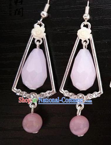 Chinese Traditional Hanfu Court Ear Accessories Ancient Princess Pink Stone Earrings for Women