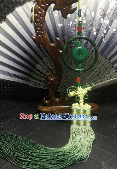 Traditional Chinese Hanfu Green Jade Carving Ring Waist Accessories Palace Tassel Pendant Ancient Swordsman Brooch