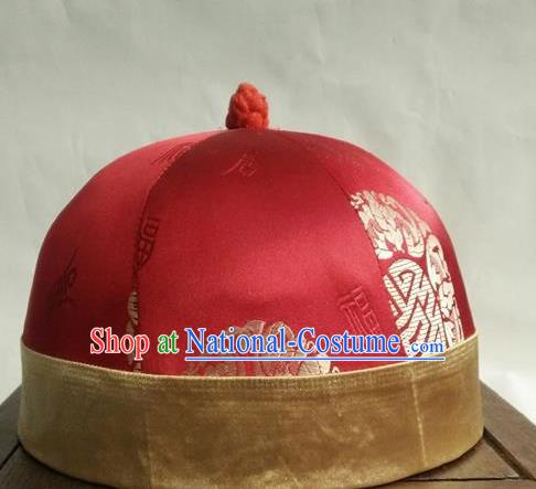 Chinese Traditional Handmade Qing Dynasty Prince Red Hat Ancient Drama Nobility Childe Headwear for Men