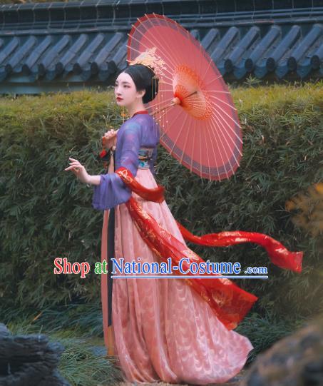 Traditional Chinese Tang Dynasty Royal Princess Replica Costumes Ancient Aristocratic Lady Pink Hanfu Dress for Women