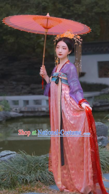 Traditional Chinese Tang Dynasty Royal Princess Replica Costumes Ancient Aristocratic Lady Pink Hanfu Dress for Women