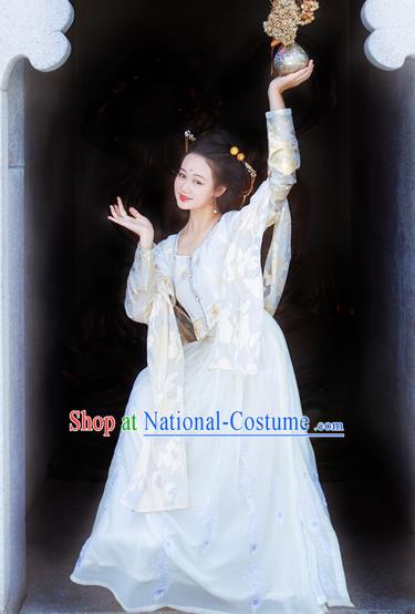 Traditional Chinese Tang Dynasty Court Lady Replica Costumes Ancient Palace Princess White Hanfu Dress for Women