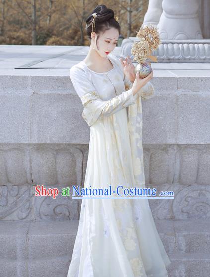 Traditional Chinese Tang Dynasty Court Lady Replica Costumes Ancient Palace Princess White Hanfu Dress for Women