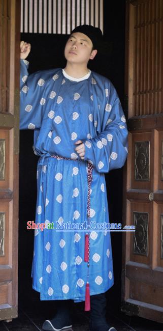 Traditional Chinese Tang Dynasty Civilian Replica Costumes Ancient Swordsman Blue Robe for Men