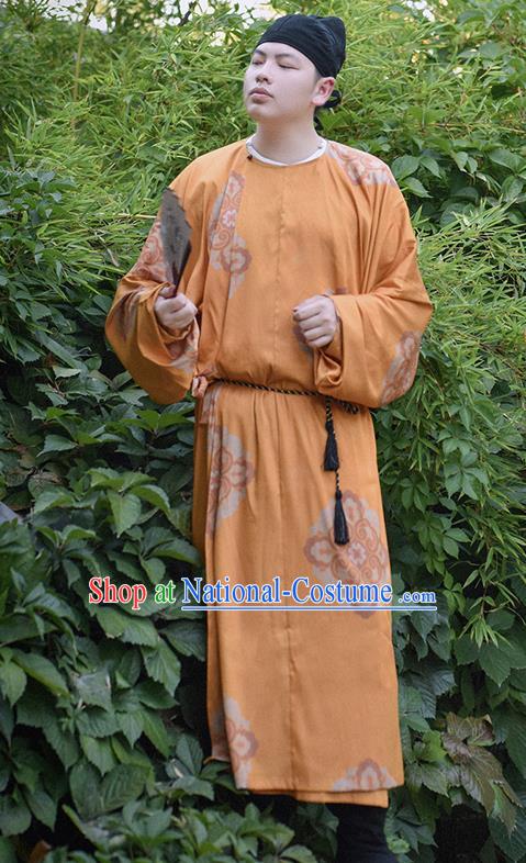 Traditional Chinese Tang Dynasty Imperial Bodyguard Merchant Replica Costumes Ancient Civilian Orange Robe for Men