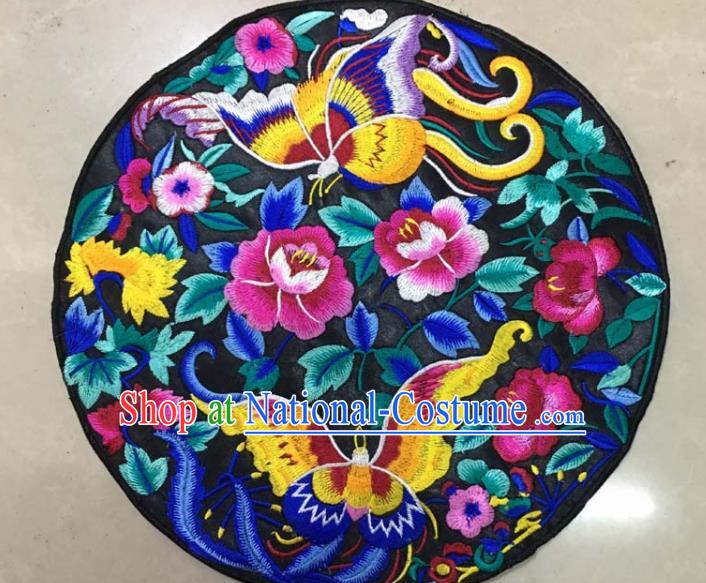 Chinese Traditional National Embroidered Butterfly Peony Black Applique Dress Patch Embroidery Cloth Accessories