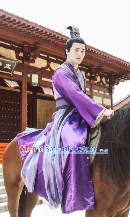 Chinese Ancient Drama Jia Feng Xu Huang Swordsman Su Yu Costumes Traditional Tang Dynasty Prince Purple Hanfu Clothing for Men