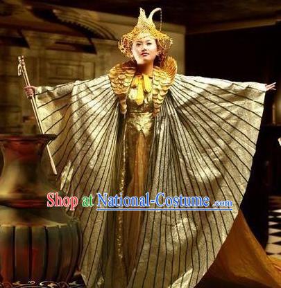 Traditional Egypt Priestess Costume Ancient Egypt Queen Golden Dress and Headdress for Women