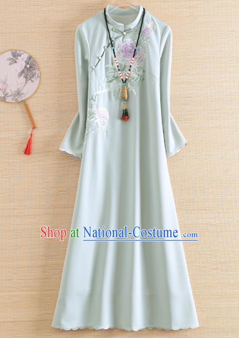 Chinese Traditional Tang Suit Embroidered Peony Green Cheongsam National Costume Qipao Dress for Women