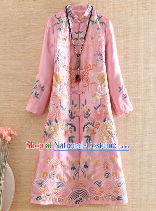 Chinese Traditional Tang Suit Embroidered Pink Coat National Costume Qipao Outer Garment for Women