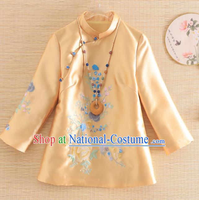 Chinese Traditional Tang Suit Embroidered Yellow Blouse National Costume Qipao Outer Garment for Women