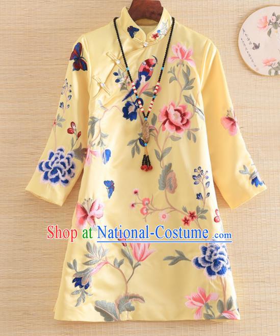 Chinese Traditional Tang Suit Embroidered Peony Yellow Blouse National Costume Qipao Upper Outer Garment for Women