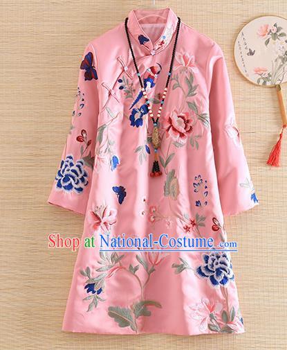 Chinese Traditional Tang Suit Embroidered Peony Pink Blouse National Costume Qipao Upper Outer Garment for Women