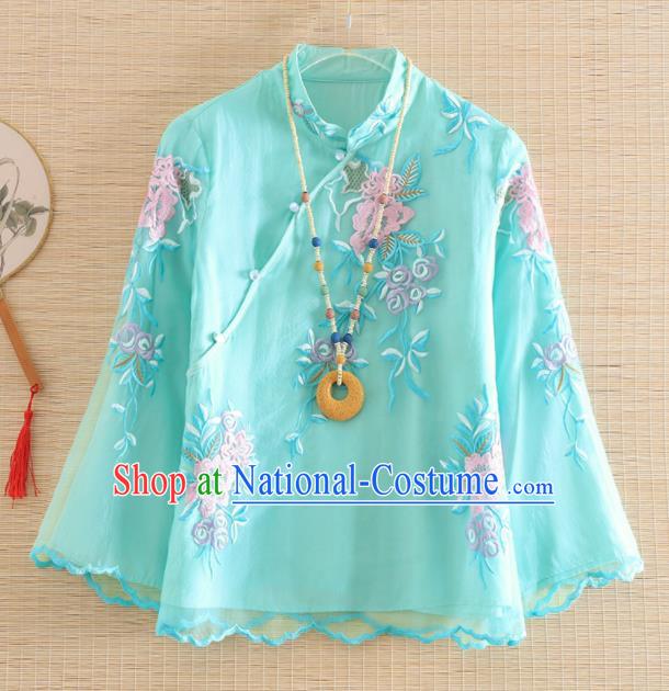 Chinese Traditional Tang Suit Embroidered Blue Blouse National Costume Qipao Upper Outer Garment for Women