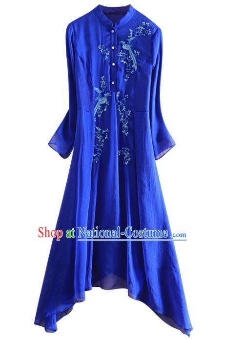 Chinese Traditional Tang Suit Embroidered Royalblue Cheongsam National Costume Qipao Dress for Women