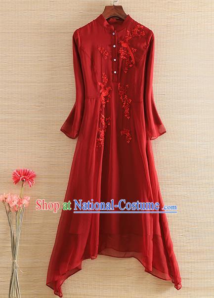 Chinese Traditional Tang Suit Embroidered Red Cheongsam National Costume Qipao Dress for Women