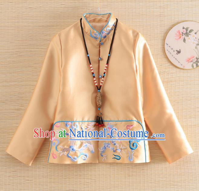 Chinese Traditional Tang Suit Embroidered Dragon Golden Jacket National Costume Qipao Upper Outer Garment for Women