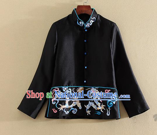 Chinese Traditional Tang Suit Embroidered Dragon Black Jacket National Costume Qipao Upper Outer Garment for Women