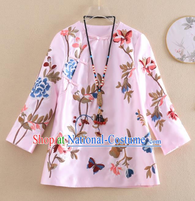 Chinese Traditional Tang Suit Embroidered Peony Pink Shirt National Costume Qipao Upper Outer Garment for Women