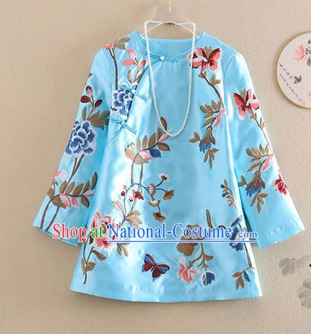 Chinese Traditional Tang Suit Embroidered Peony Blue Shirt National Costume Qipao Upper Outer Garment for Women