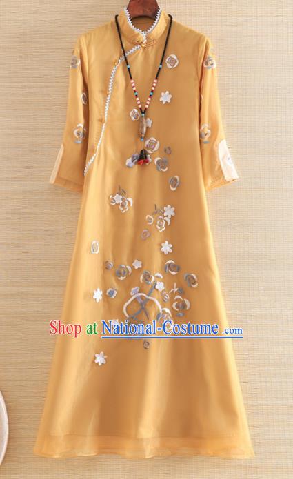 Chinese Traditional Tang Suit Embroidered Yellow Organza Cheongsam National Costume Qipao Dress for Women