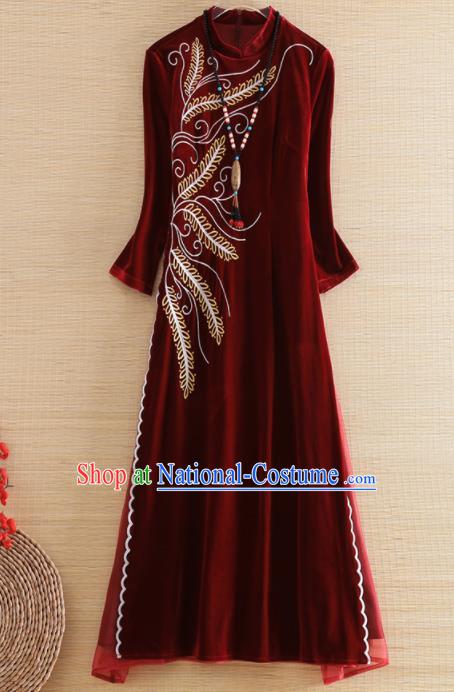 Chinese Traditional Tang Suit Embroidered Purplish Red Velvet Cheongsam National Costume Qipao Dress for Women