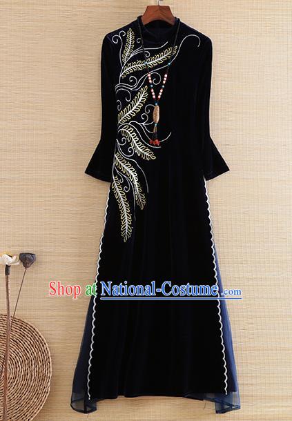 Chinese Traditional Tang Suit Embroidered Navy Velvet Cheongsam National Costume Qipao Dress for Women