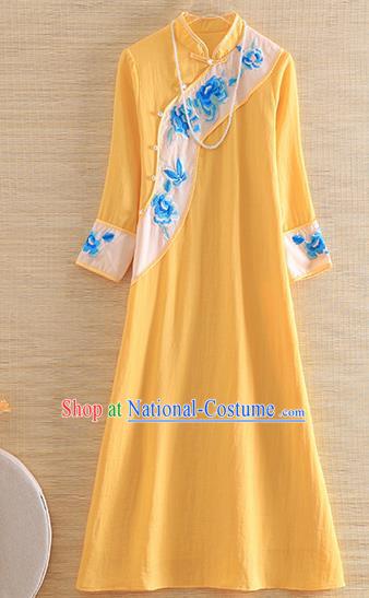 Chinese Traditional Tang Suit Embroidered Peony Yellow Cheongsam National Costume Qipao Dress for Women