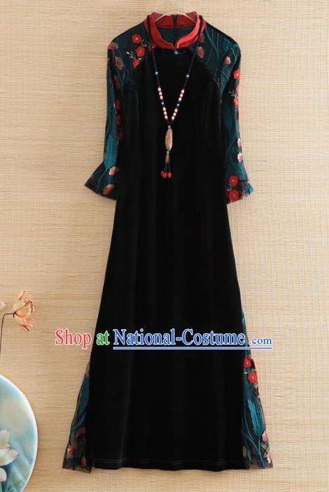 Chinese Traditional Tang Suit Embroidered Black Velvet Cheongsam National Costume Qipao Dress for Women