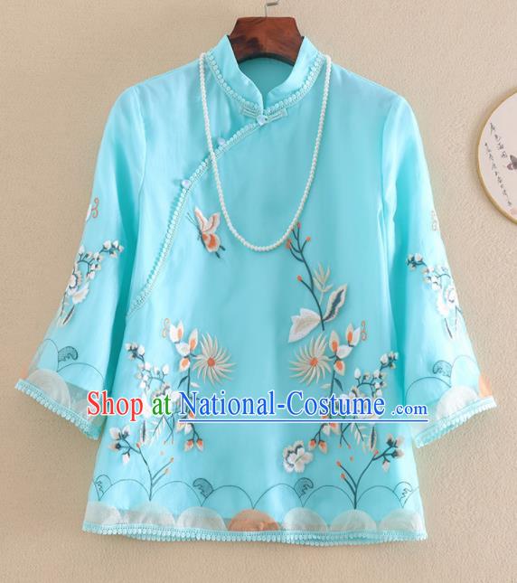 Chinese Traditional Tang Suit Embroidered Chrysanthemum Blue Shirt National Costume Qipao Upper Outer Garment for Women