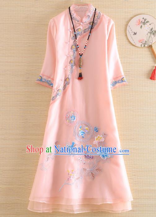 Chinese Traditional Tang Suit Embroidered Pink Organza Cheongsam National Costume Qipao Dress for Women