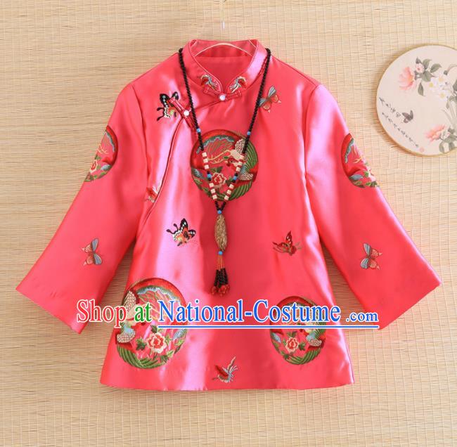 Chinese Traditional Tang Suit Embroidered Butterfly Phoenix Rosy Shirt National Costume Qipao Upper Outer Garment for Women