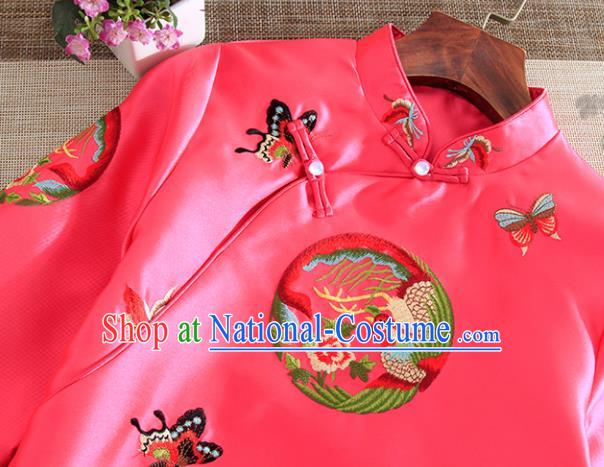 Chinese Traditional Tang Suit Embroidered Butterfly Phoenix Rosy Shirt National Costume Qipao Upper Outer Garment for Women