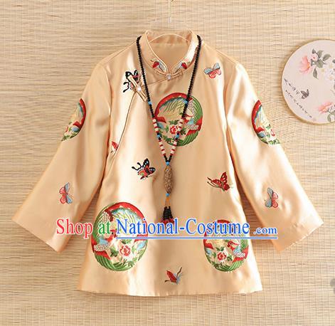 Chinese Traditional Tang Suit Embroidered Butterfly Phoenix Golden Shirt National Costume Qipao Upper Outer Garment for Women