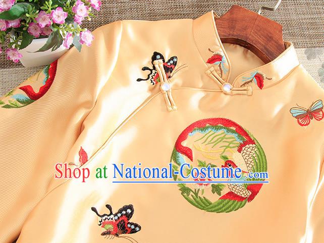 Chinese Traditional Tang Suit Embroidered Butterfly Phoenix Golden Shirt National Costume Qipao Upper Outer Garment for Women